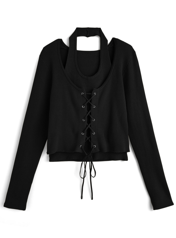 ホルターネックレイヤード風レースアップニットトップス