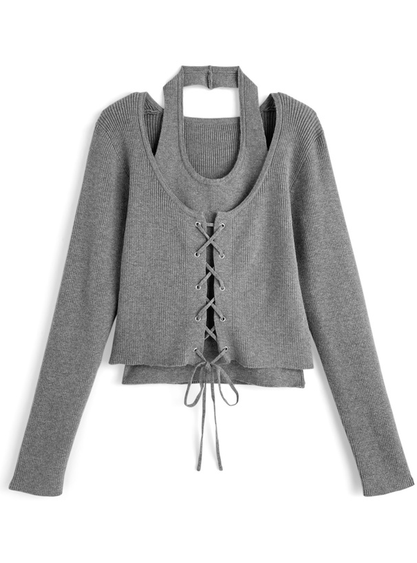 ホルターネックレイヤード風レースアップニットトップス