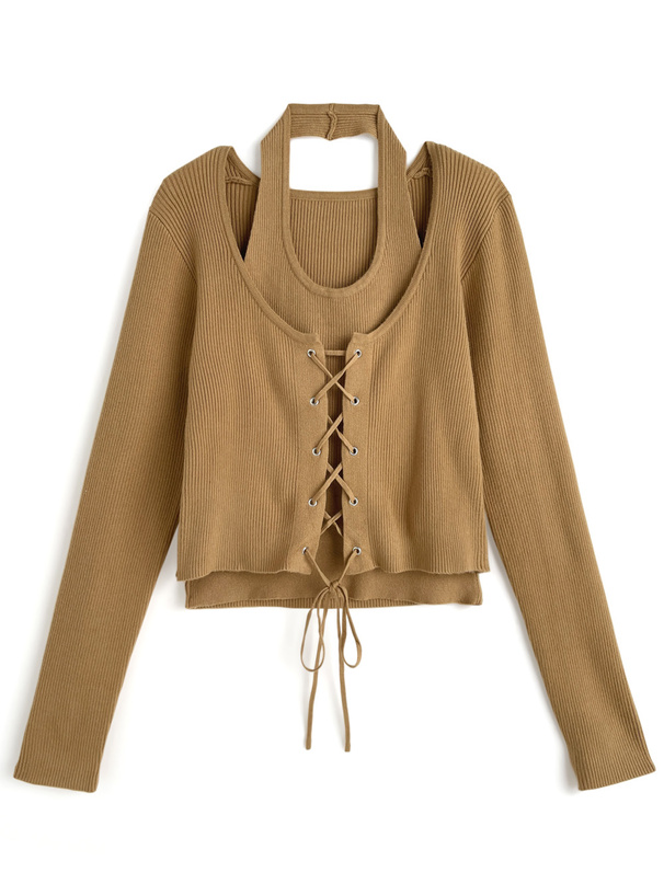 ホルターネックレイヤード風レースアップニットトップス