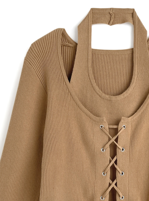 ホルターネックレイヤード風レースアップニットトップス