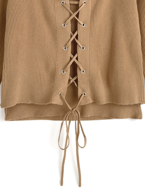 ホルターネックレイヤード風レースアップニットトップス