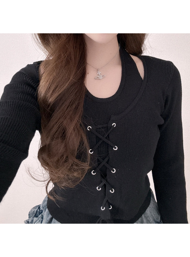 ホルターネックレイヤード風レースアップニットトップス