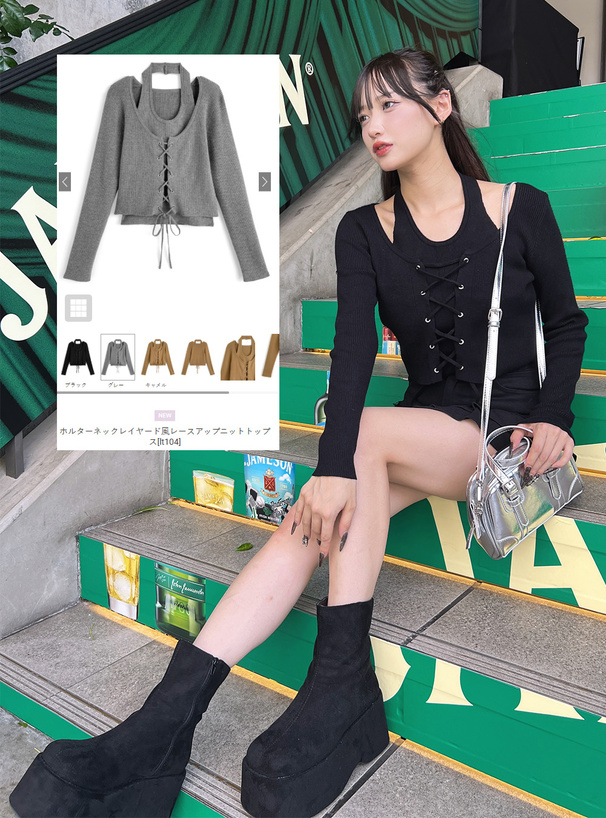 ホルターネックレイヤード風レースアップニットトップス