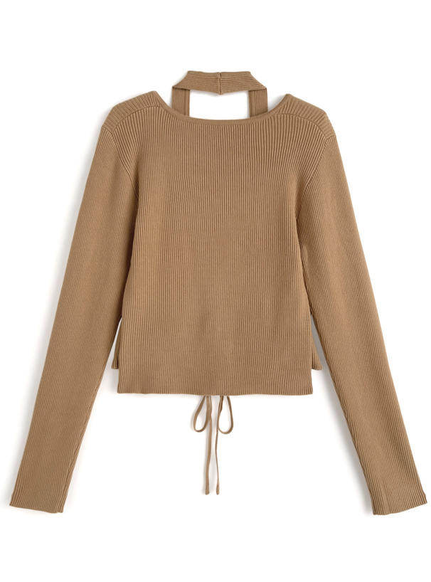 ホルターネックレイヤード風レースアップニットトップス