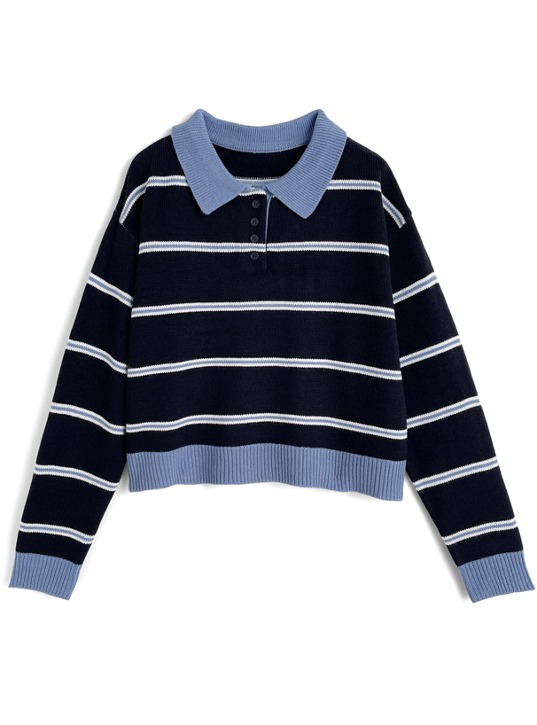 ボーダー柄ポロニットトップス