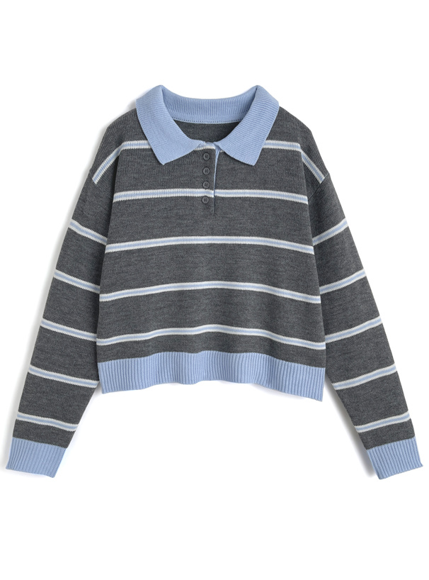 ボーダー柄ポロニットトップス