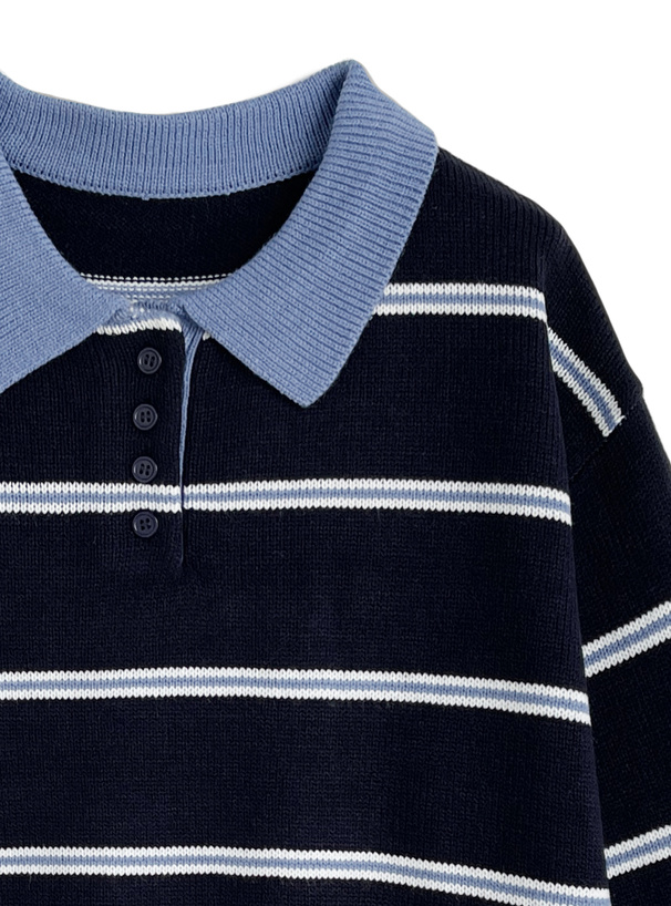 ボーダー柄ポロニットトップス