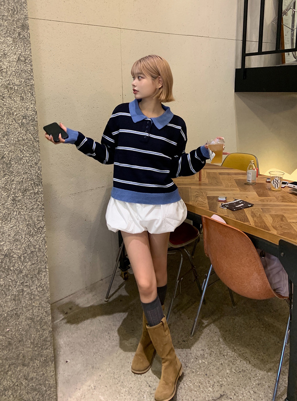 ボーダー柄ポロニットトップス