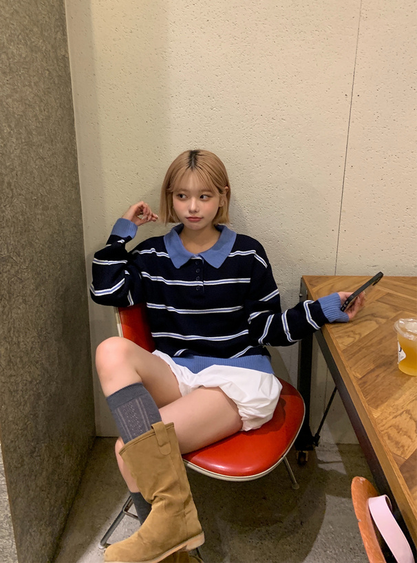 ボーダー柄ポロニットトップス