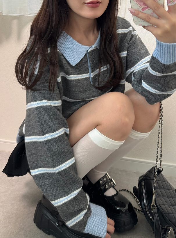 ボーダー柄ポロニットトップス