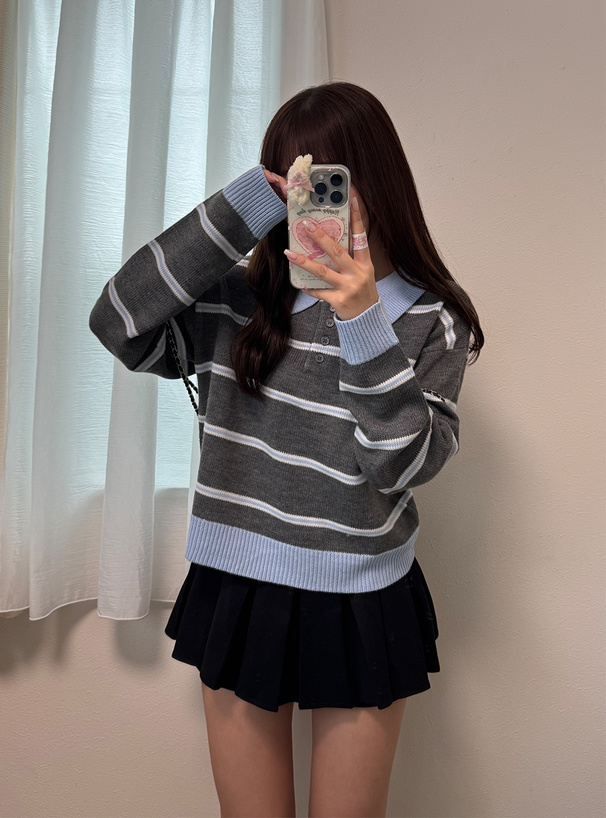 ボーダー柄ポロニットトップス