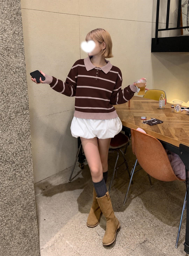 ボーダー柄ポロニットトップス