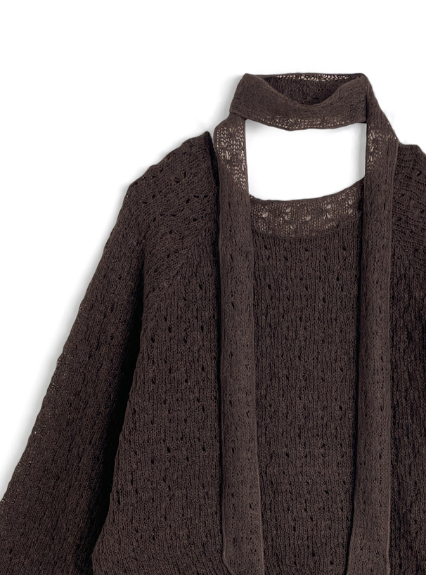 チョーカー付き透かし編みペプラムニットチュニック