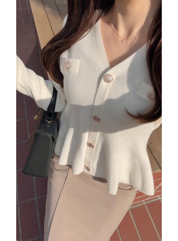 Vネックペプラムニットトップス