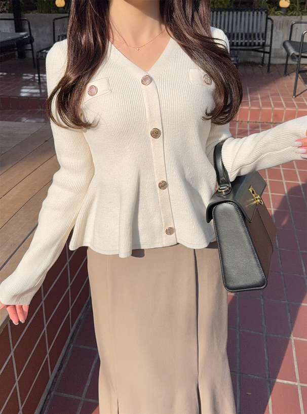 Vネックペプラムニットトップス