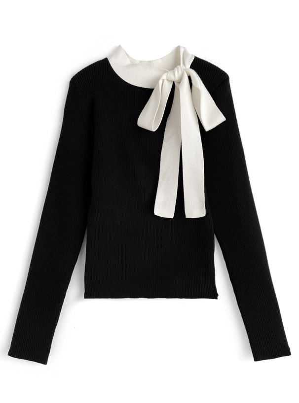 配色リボンリブニットトップス[lt127]