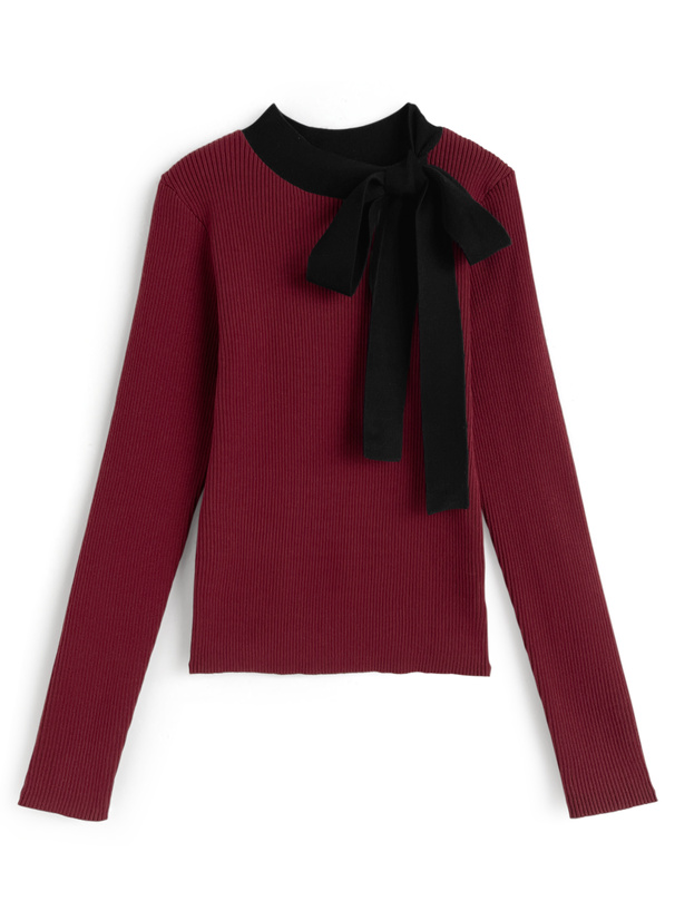 配色リボンリブニットトップス