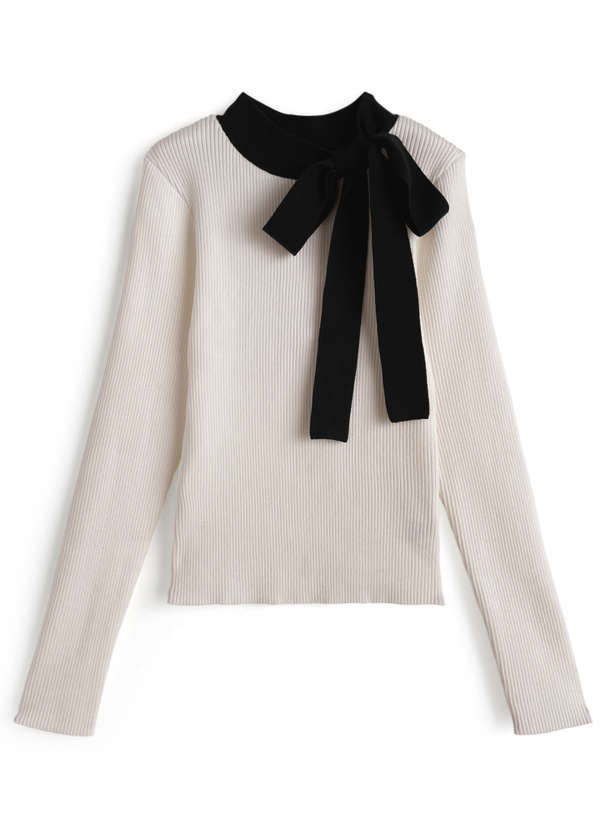 配色リボンリブニットトップス