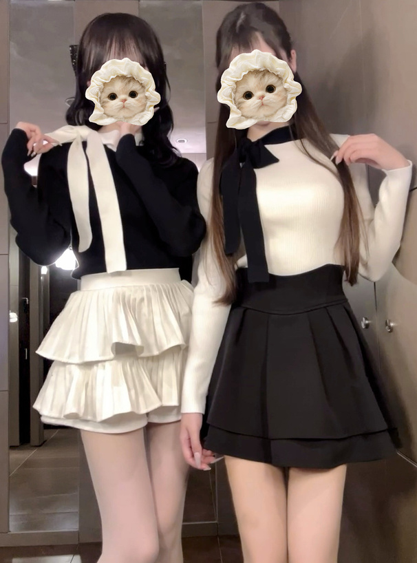 配色リボンリブニットトップス