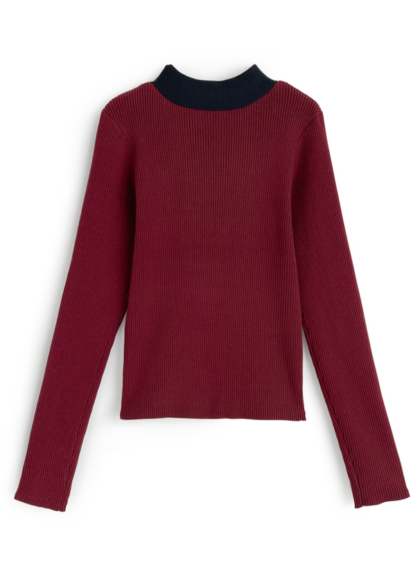 配色リボンリブニットトップス
