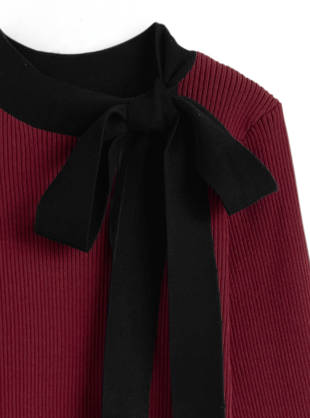 配色リボンリブニットトップス