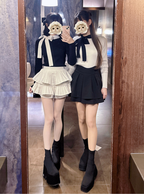 配色リボンリブニットトップス