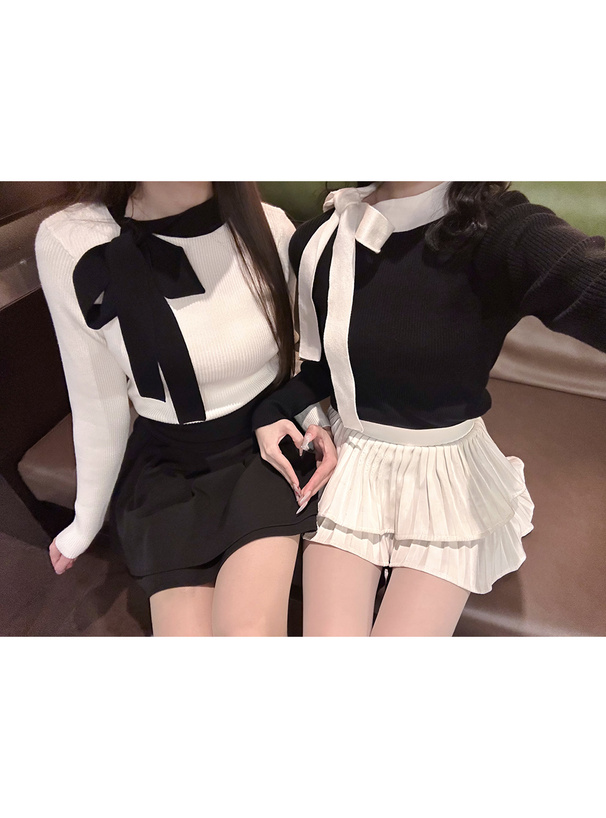 配色リボンリブニットトップス