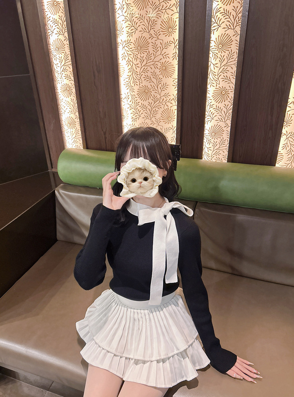 配色リボンリブニットトップス