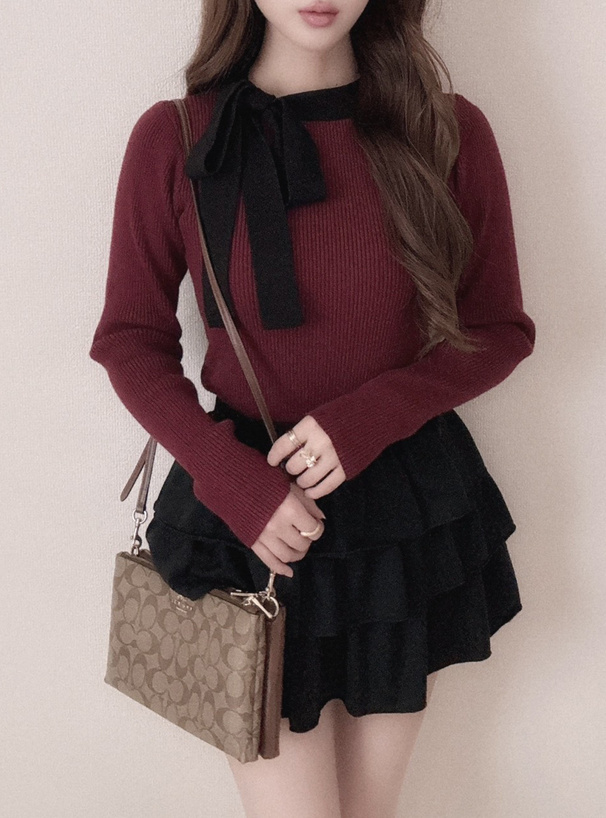 配色リボンリブニットトップス