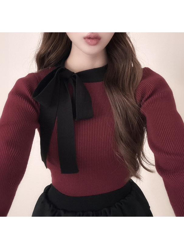 配色リボンリブニットトップス