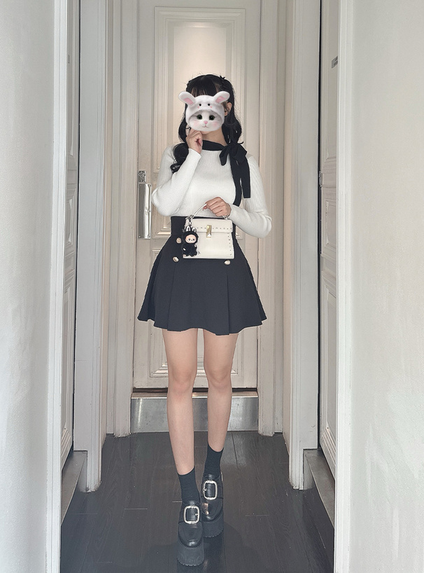 配色リボンリブニットトップス