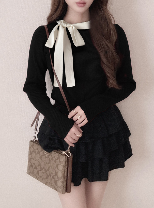 配色リボンリブニットトップス