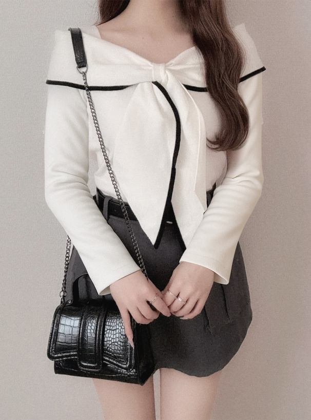 リボンモチーフ配色ニットトップス