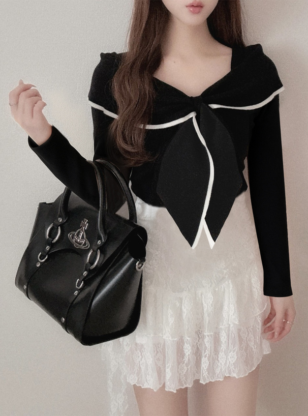 リボンモチーフ配色ニットトップス