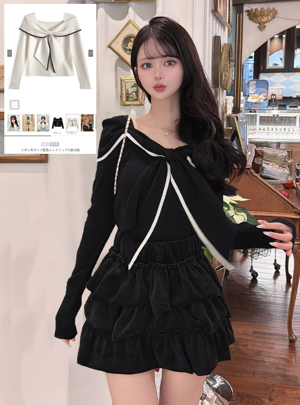 リボンモチーフ配色ニットトップス