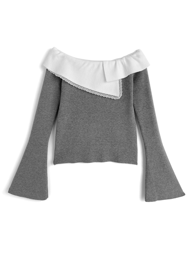 配色レースオフショルダーフレアスリーブニットトップス[lt134