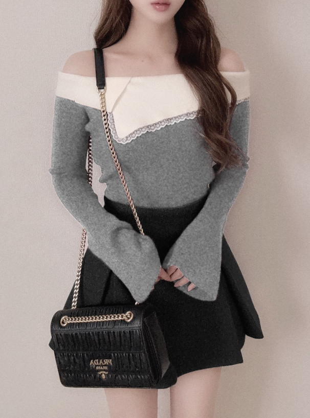 配色レースオフショルダーフレアスリーブニットトップス[lt134