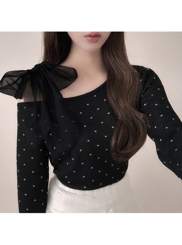 ドット柄チュールリボンワンショルダーニットトップス[lt137