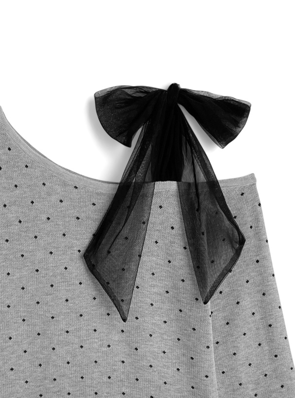 ドット柄チュールリボンワンショルダーニットトップス