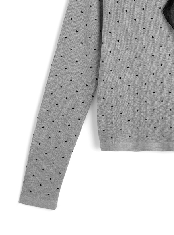 ドット柄チュールリボンワンショルダーニットトップス