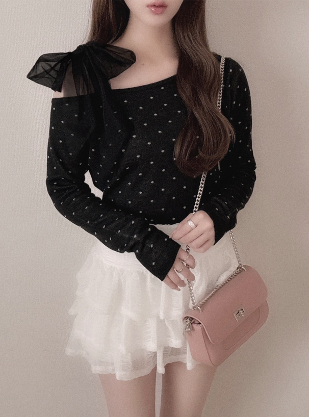 ドット柄チュールリボンワンショルダーニットトップス