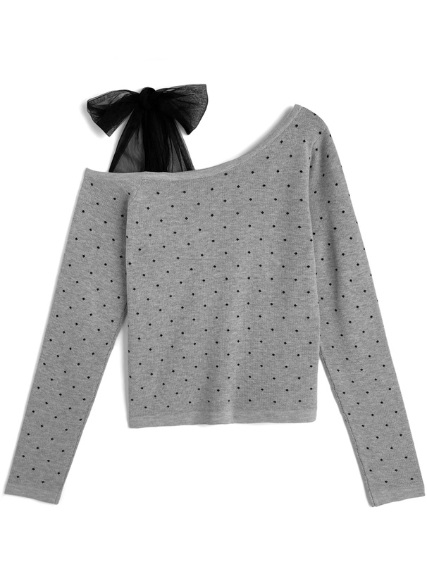 ドット柄チュールリボンワンショルダーニットトップス