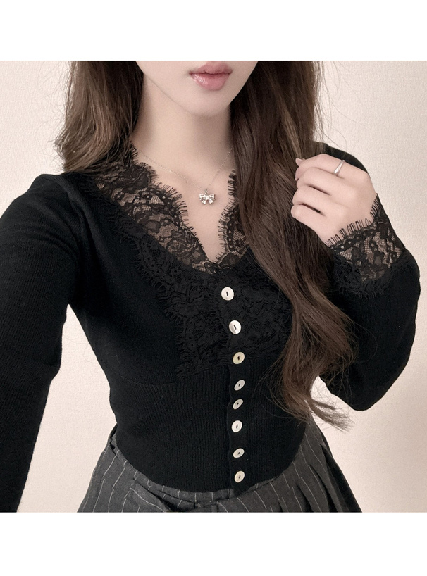 Vネックレースニットカーディガン