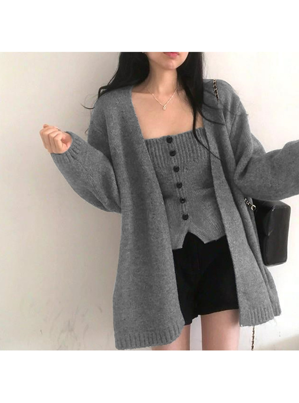 カーディガン×ベアトップニットアンサンブル