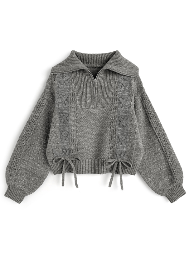 ハーフジップレースアップラメニットトップス[lt142] | レディース