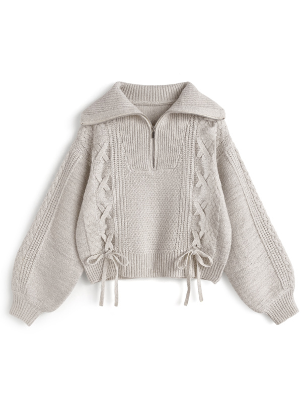 ハーフジップレースアップラメニットトップス[lt142] | レディース