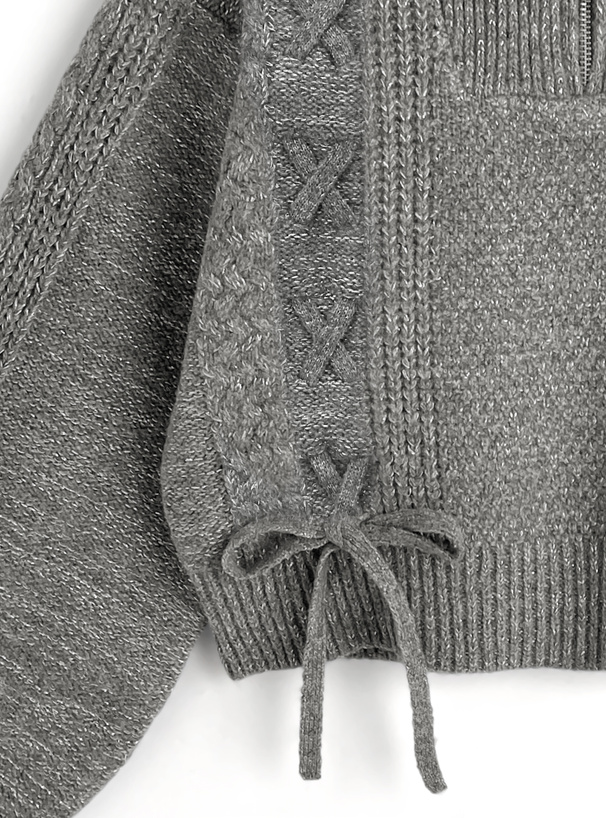 ハーフジップレースアップラメニットトップス