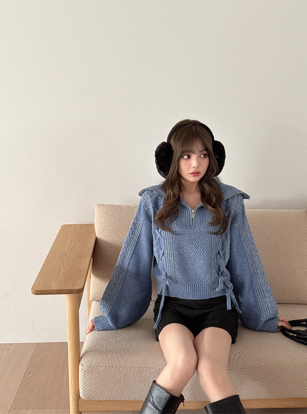 ハーフジップレースアップラメニットトップス[lt142] | レディース