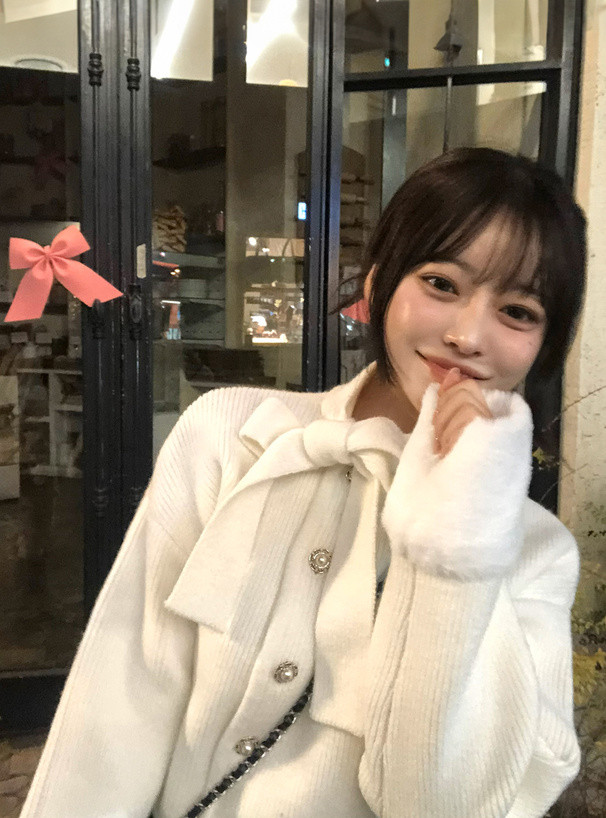 リボンパールボタンファーニットカーディガン