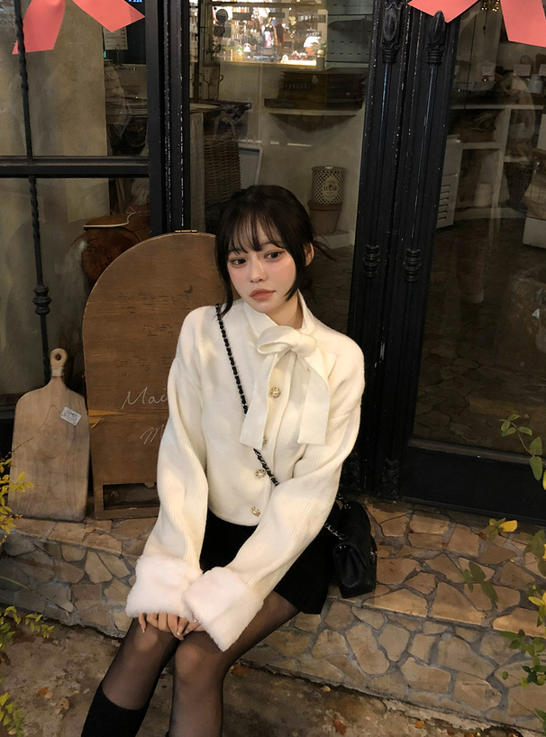 リボンパールボタンファーニットカーディガン